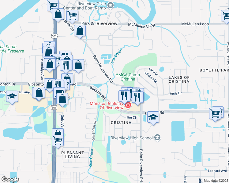 map of restaurants, bars, coffee shops, grocery stores, and more near 9840 Lychee Loop in Riverview