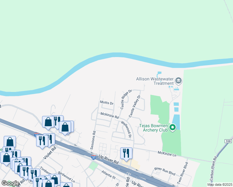 map of restaurants, bars, coffee shops, grocery stores, and more near 3801 Castle Knoll Drive in Corpus Christi