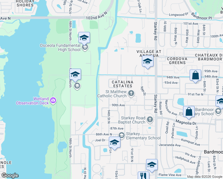map of restaurants, bars, coffee shops, grocery stores, and more near 9333 92nd Avenue North in Seminole