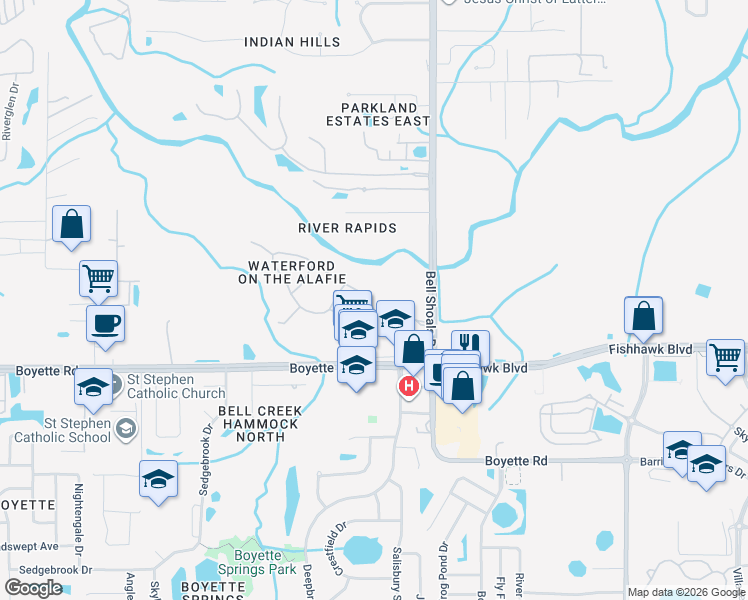 map of restaurants, bars, coffee shops, grocery stores, and more near 13310 Waterford Run Drive in Riverview