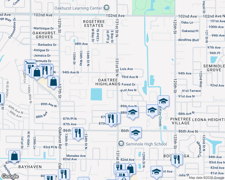 map of restaurants, bars, coffee shops, grocery stores, and more near Kensington Isle Way in Seminole
