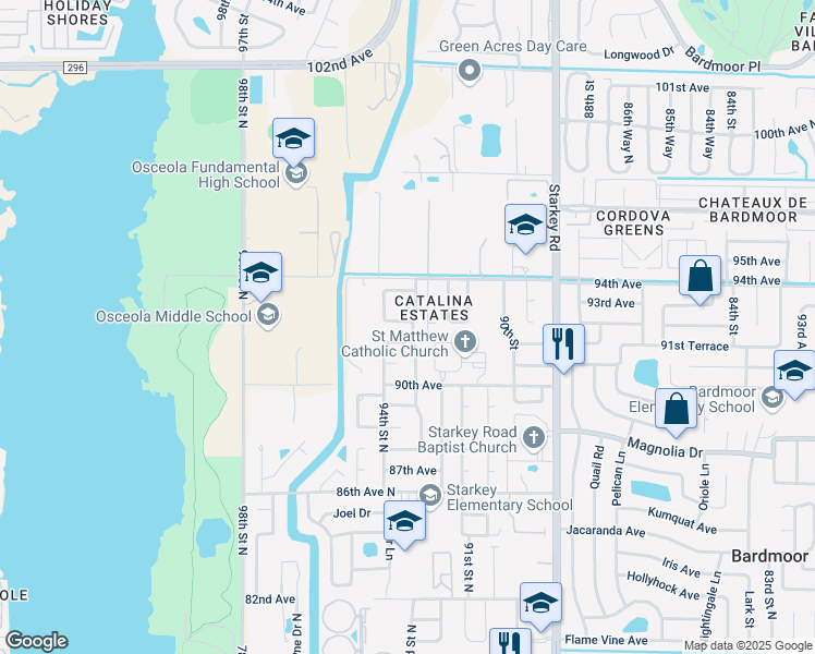 map of restaurants, bars, coffee shops, grocery stores, and more near 9310 92nd Avenue North in Seminole