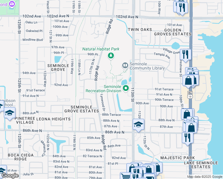 map of restaurants, bars, coffee shops, grocery stores, and more near 11539 91st Terrace in Seminole