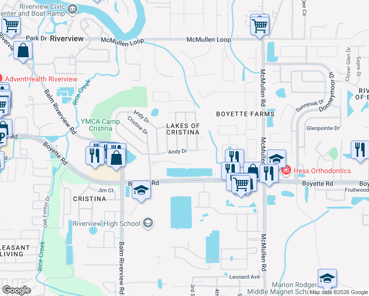 map of restaurants, bars, coffee shops, grocery stores, and more near 9827 Ocasta Street in Riverview
