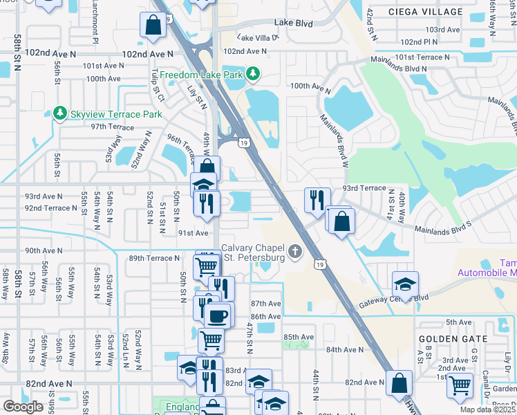 map of restaurants, bars, coffee shops, grocery stores, and more near 9301 49th Street North in Pinellas Park
