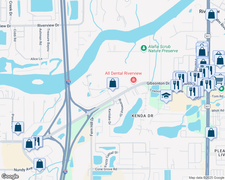 map of restaurants, bars, coffee shops, grocery stores, and more near 10110 Gibsonton Drive in Riverview