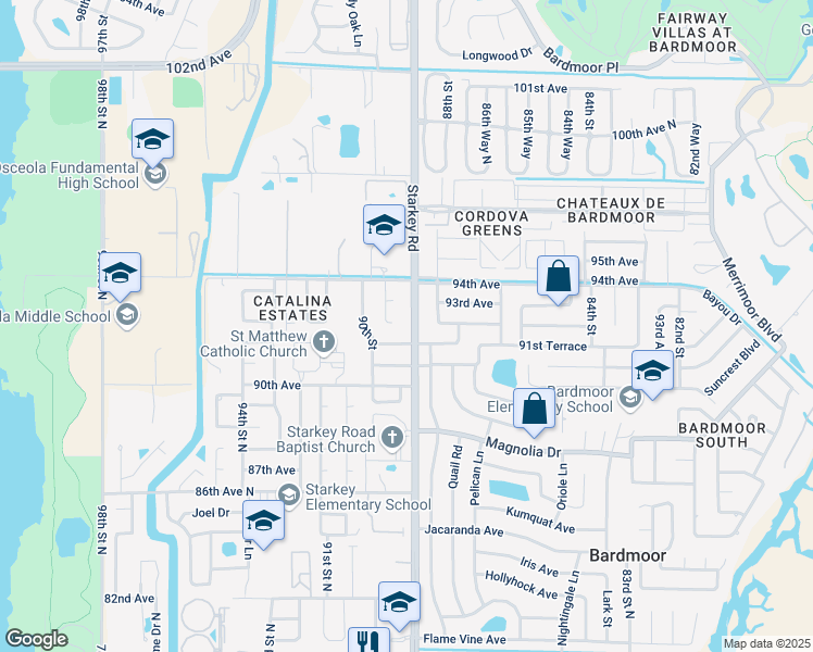 map of restaurants, bars, coffee shops, grocery stores, and more near 9264 Starkey Road in Seminole