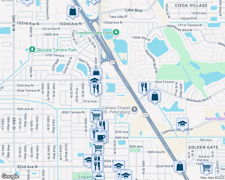 map of restaurants, bars, coffee shops, grocery stores, and more near 9301 49th Street North in Pinellas Park