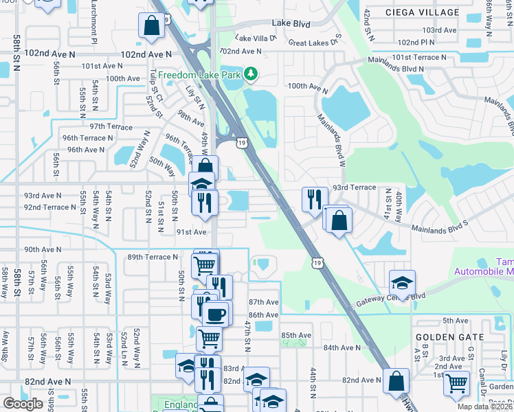 map of restaurants, bars, coffee shops, grocery stores, and more near 9301 49th Street North in Pinellas Park