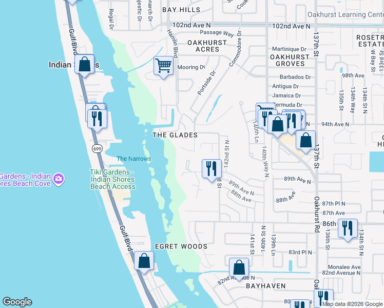 map of restaurants, bars, coffee shops, grocery stores, and more near 14495 Red Bird Court in Seminole