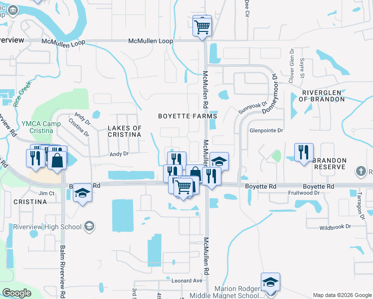 map of restaurants, bars, coffee shops, grocery stores, and more near 9825 White Barn Way in Riverview