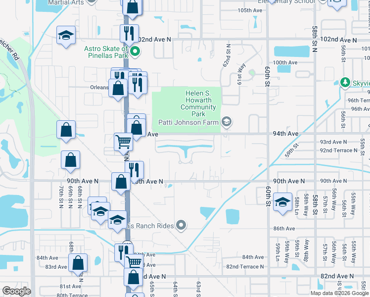 map of restaurants, bars, coffee shops, grocery stores, and more near 6435 92nd Place North in Pinellas Park
