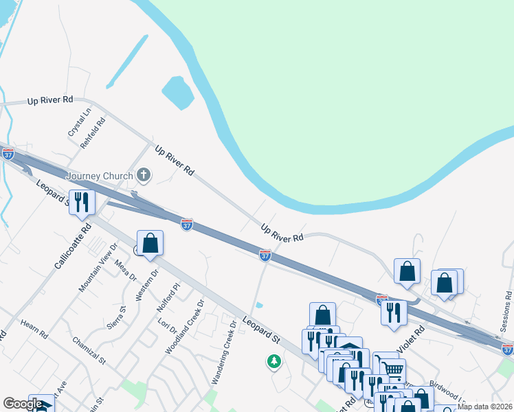 map of restaurants, bars, coffee shops, grocery stores, and more near 11806 Up River Road in Corpus Christi
