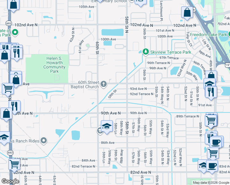map of restaurants, bars, coffee shops, grocery stores, and more near 9260 59th Street in Pinellas Park