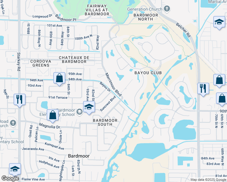 map of restaurants, bars, coffee shops, grocery stores, and more near 9260 Merrimoor Boulevard in Seminole