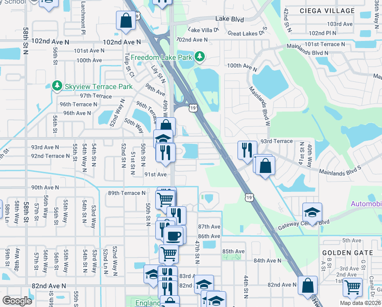 map of restaurants, bars, coffee shops, grocery stores, and more near 9301 49th Street North in Pinellas Park
