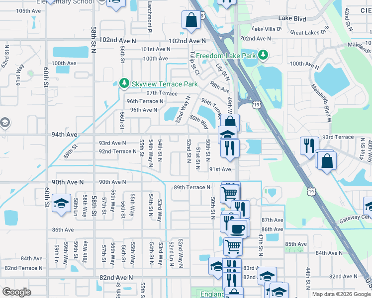 map of restaurants, bars, coffee shops, grocery stores, and more near 9285 52nd Street North in Pinellas Park