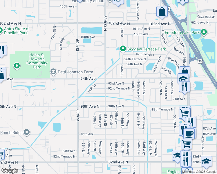 map of restaurants, bars, coffee shops, grocery stores, and more near 5700 93rd Avenue North in Pinellas Park