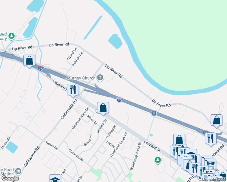 map of restaurants, bars, coffee shops, grocery stores, and more near 12033 Up River Road in Corpus Christi