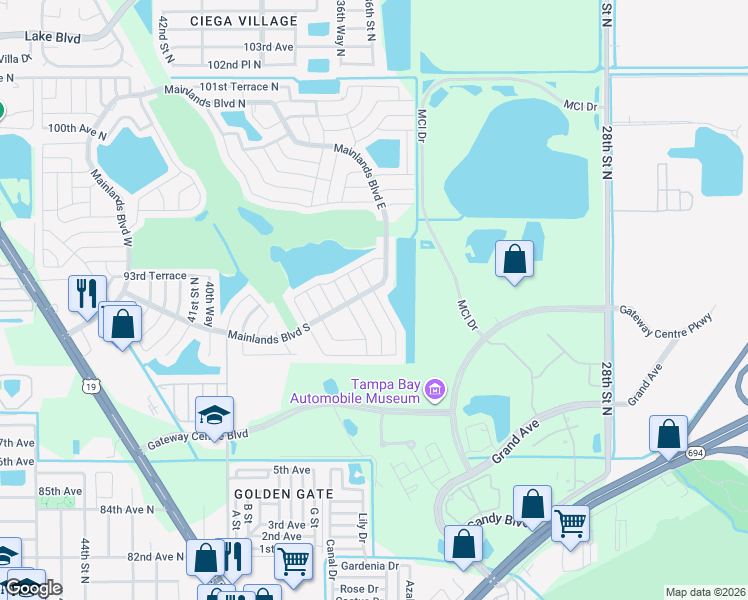 map of restaurants, bars, coffee shops, grocery stores, and more near 9190 34th Way North in Pinellas Park