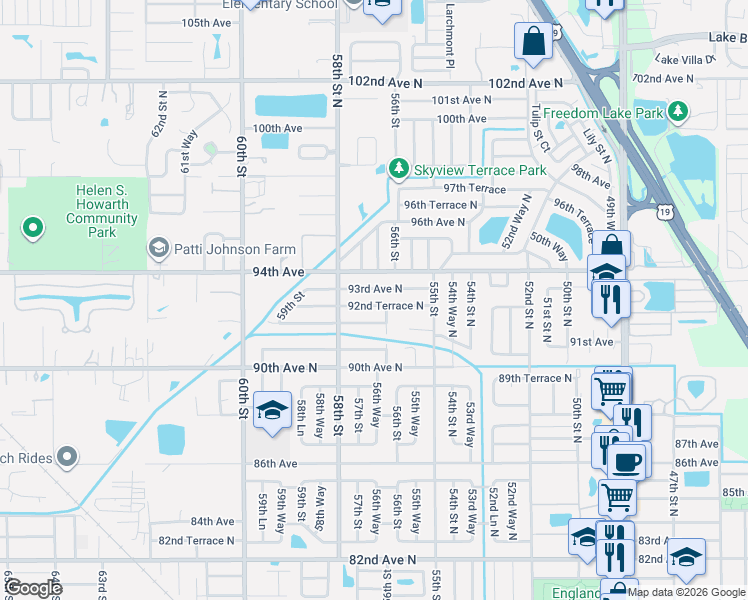 map of restaurants, bars, coffee shops, grocery stores, and more near 5641 92nd Terrace North in Pinellas Park