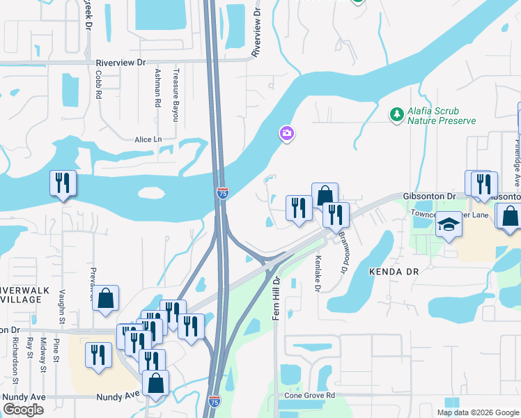 map of restaurants, bars, coffee shops, grocery stores, and more near 9737 Magnolia View Court in Riverview