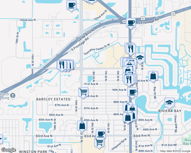 map of restaurants, bars, coffee shops, grocery stores, and more near 750 93rd Avenue North in St. Petersburg