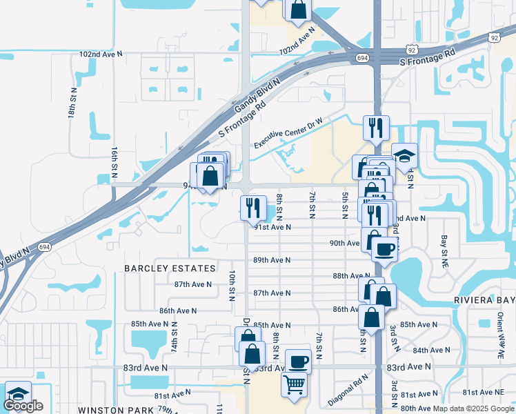 map of restaurants, bars, coffee shops, grocery stores, and more near 9291 Doctor Martin Luther King Junior Street North in St. Petersburg