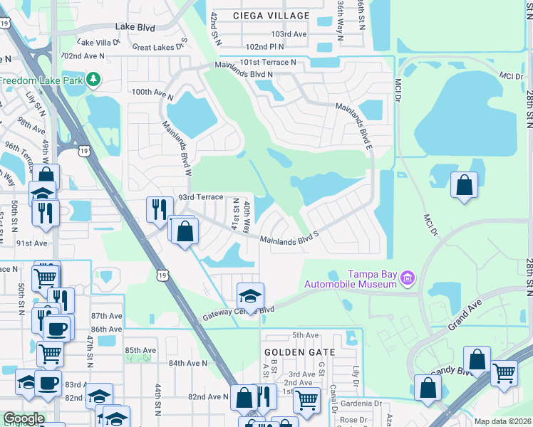 map of restaurants, bars, coffee shops, grocery stores, and more near 9210 40th Street North in Pinellas Park