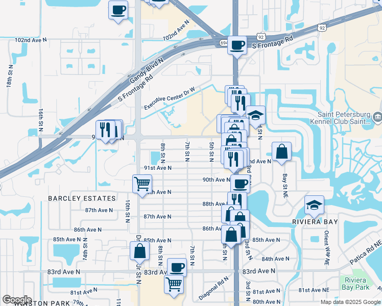 map of restaurants, bars, coffee shops, grocery stores, and more near 634 93rd Avenue North in St. Petersburg
