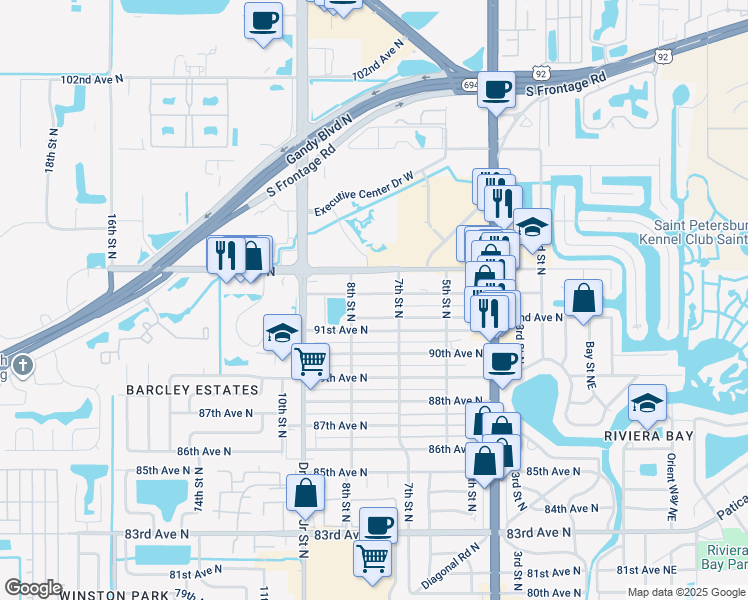 map of restaurants, bars, coffee shops, grocery stores, and more near 750 93rd Avenue North in St. Petersburg