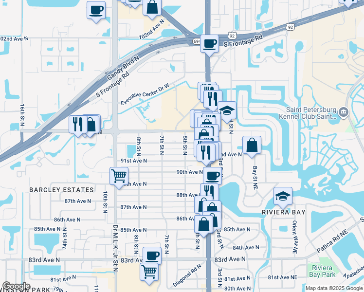 map of restaurants, bars, coffee shops, grocery stores, and more near 9230 5th St N in St Petersburg