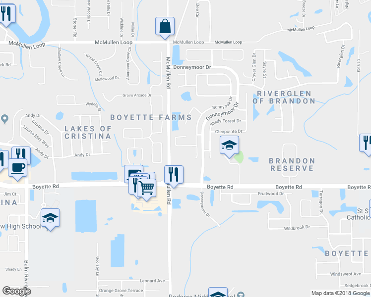 map of restaurants, bars, coffee shops, grocery stores, and more near 11831 Rossmayne Drive in Riverview