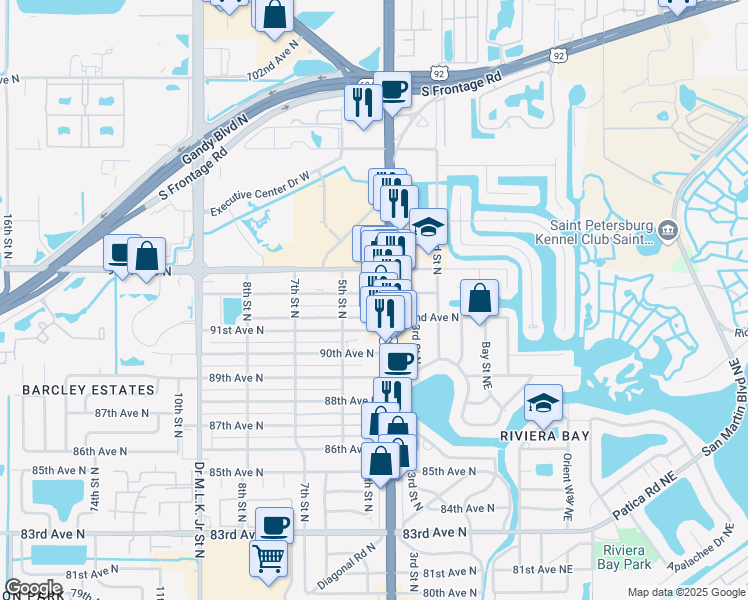 map of restaurants, bars, coffee shops, grocery stores, and more near 426 93rd Avenue North in St. Petersburg