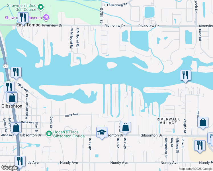 map of restaurants, bars, coffee shops, grocery stores, and more near 9901 Bay Drive in Gibsonton