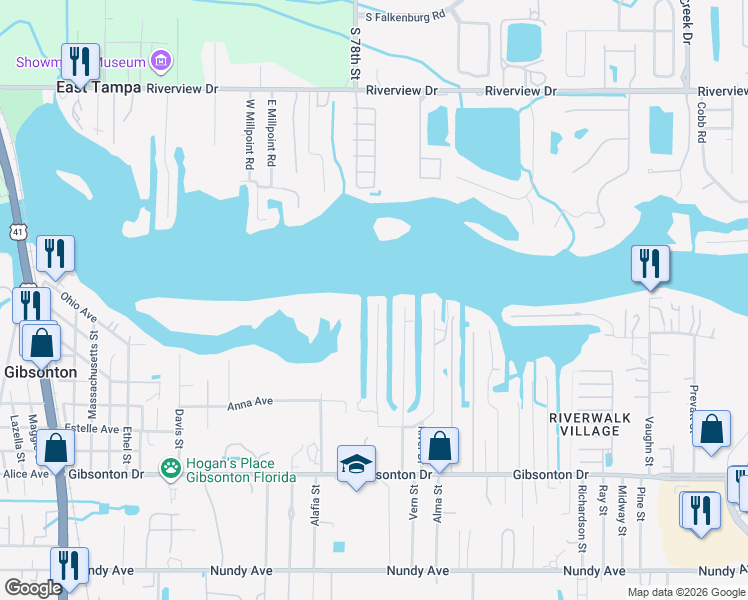map of restaurants, bars, coffee shops, grocery stores, and more near 9901 Bay Drive in Gibsonton