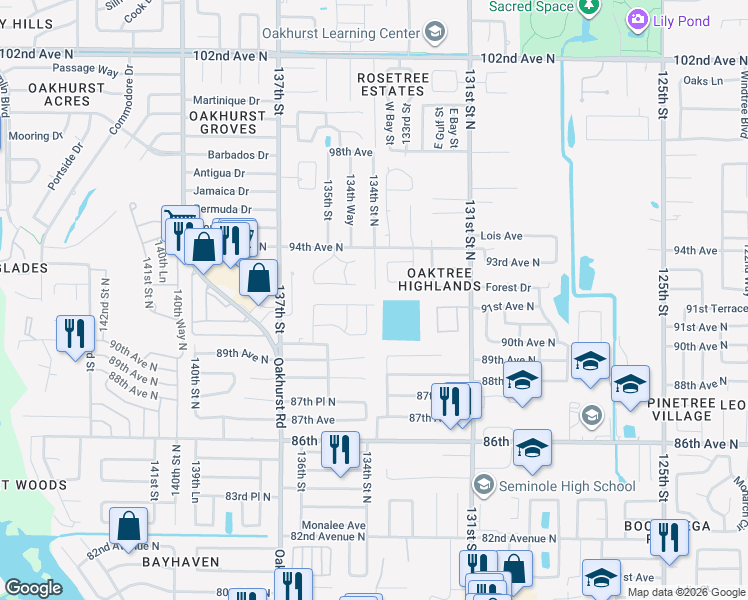 map of restaurants, bars, coffee shops, grocery stores, and more near 13403 91st Avenue North in Seminole