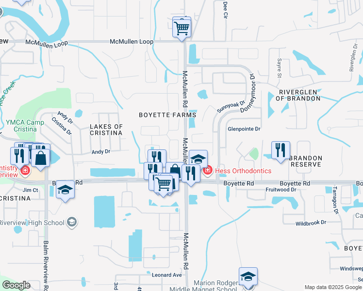 map of restaurants, bars, coffee shops, grocery stores, and more near 9718 White Barn Way in Riverview