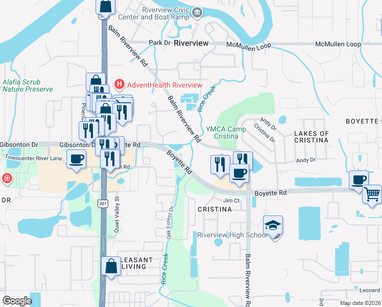 map of restaurants, bars, coffee shops, grocery stores, and more near 9852 Lychee Loop in Riverview