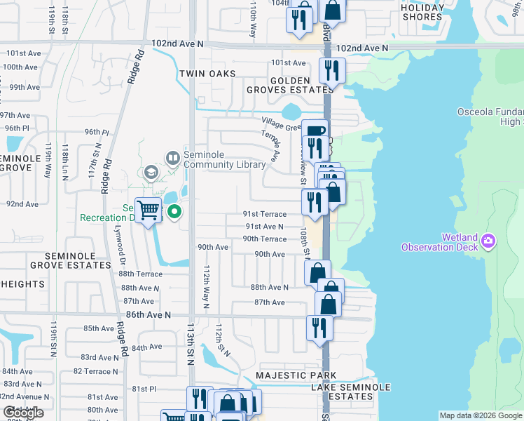 map of restaurants, bars, coffee shops, grocery stores, and more near 10997 91st Terrace in Seminole