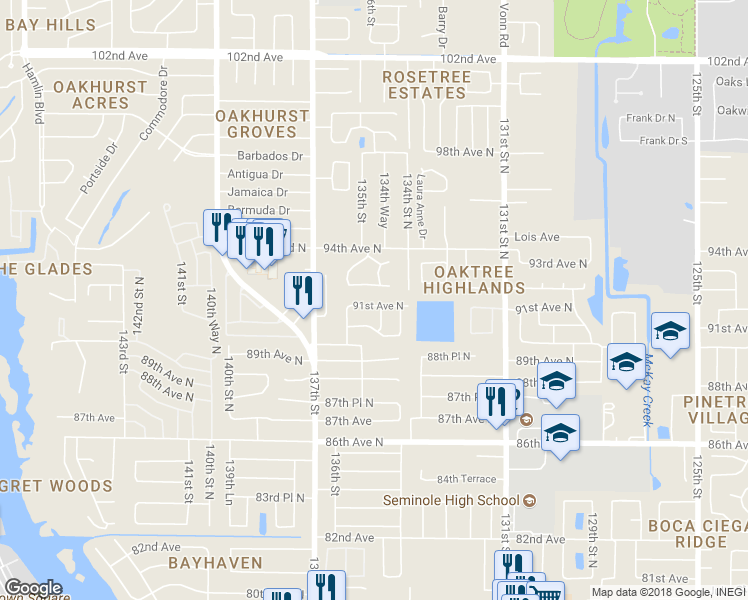 map of restaurants, bars, coffee shops, grocery stores, and more near 13523 91st Avenue North in Seminole