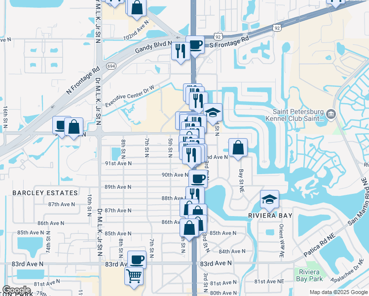 map of restaurants, bars, coffee shops, grocery stores, and more near 426 93rd Avenue North in St. Petersburg