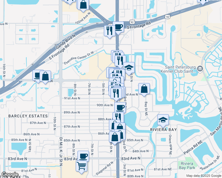map of restaurants, bars, coffee shops, grocery stores, and more near 426 93rd Avenue North in St. Petersburg