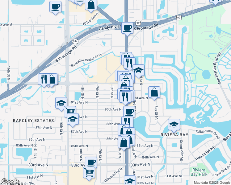 map of restaurants, bars, coffee shops, grocery stores, and more near 9230 5th Street North in St. Petersburg