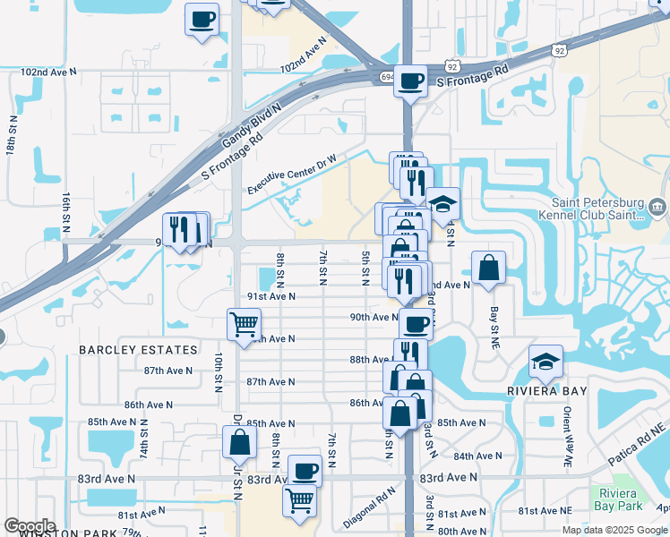 map of restaurants, bars, coffee shops, grocery stores, and more near 634 93rd Avenue North in St. Petersburg
