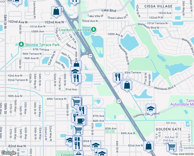 map of restaurants, bars, coffee shops, grocery stores, and more near 9301 49th Street North in Pinellas Park