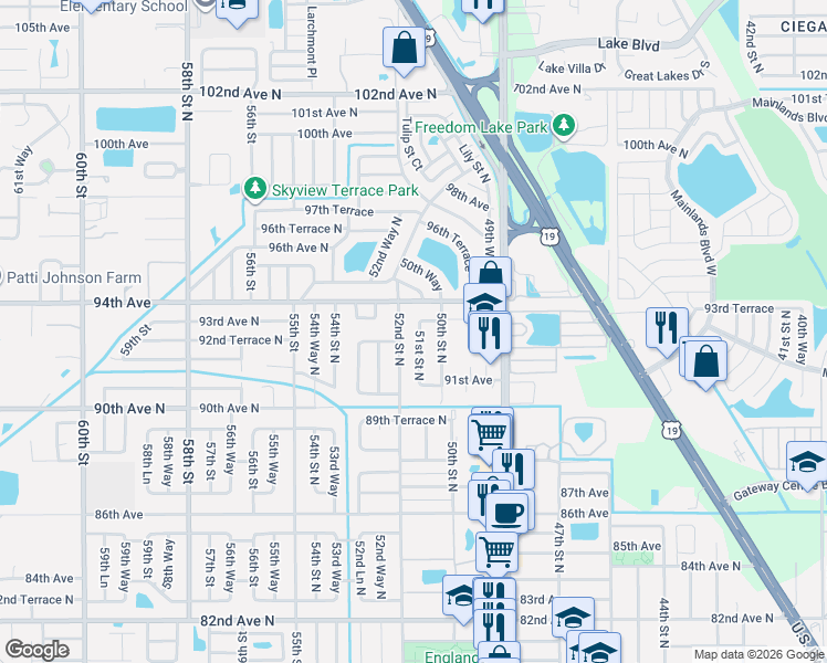 map of restaurants, bars, coffee shops, grocery stores, and more near 9285 52nd Street North in Pinellas Park