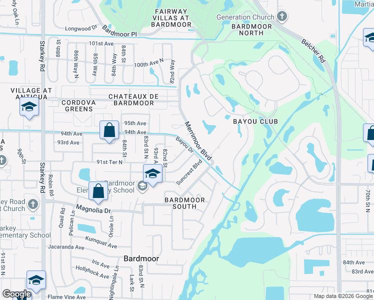 map of restaurants, bars, coffee shops, grocery stores, and more near 8043 91st Terrace in Seminole