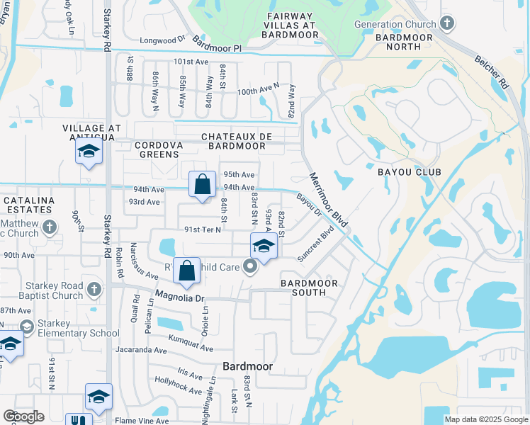 map of restaurants, bars, coffee shops, grocery stores, and more near 9271 83rd Street North in Seminole