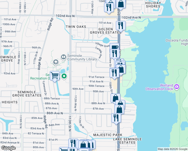map of restaurants, bars, coffee shops, grocery stores, and more near 10997 91st Terrace in Seminole